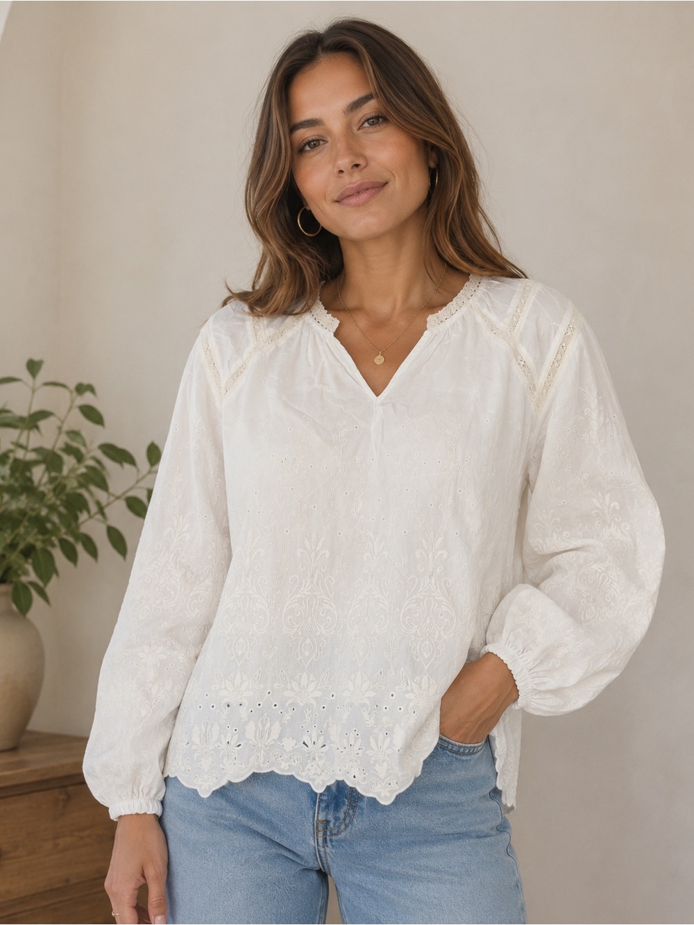 Cactus + Pearl White Embroidered Eyelet Boho Blouse Size Large